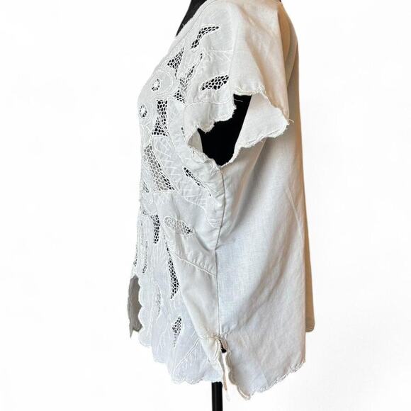 White Embroidered Cutwork Linen Top Scalloped Cottagecore Boho Tunic - Picture 6 of 8